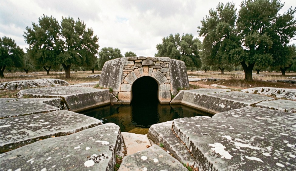 Citerne voûtée de pierre sèche au bord d'une eau sombre, entourée de grandes dalles de calcaire gris tachées de lichen, chênes verts sur un plateau de garrigue sous un ciel couvert