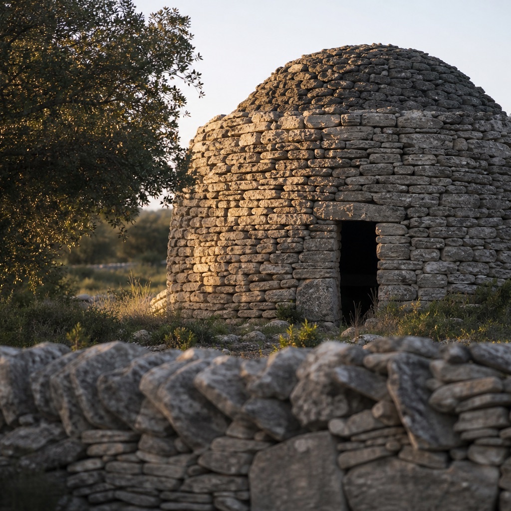 Borie ronde à voûte en encorbellement dans la garrigue, mur de pierre sèche au premier plan, chêne vert à gauche
