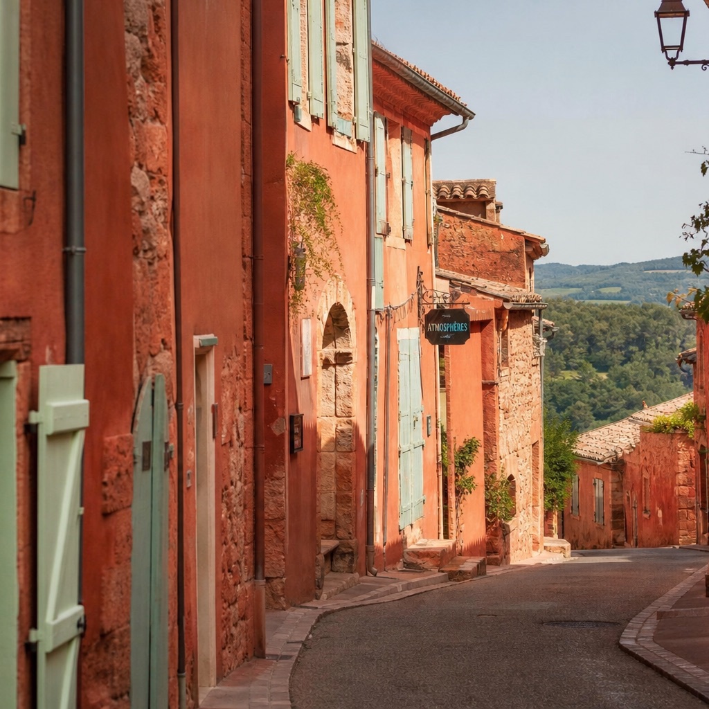 Façades ocres et volets pastel de Roussillon dans une rue en pente pavée, lumière chaude de fin d'après-midi