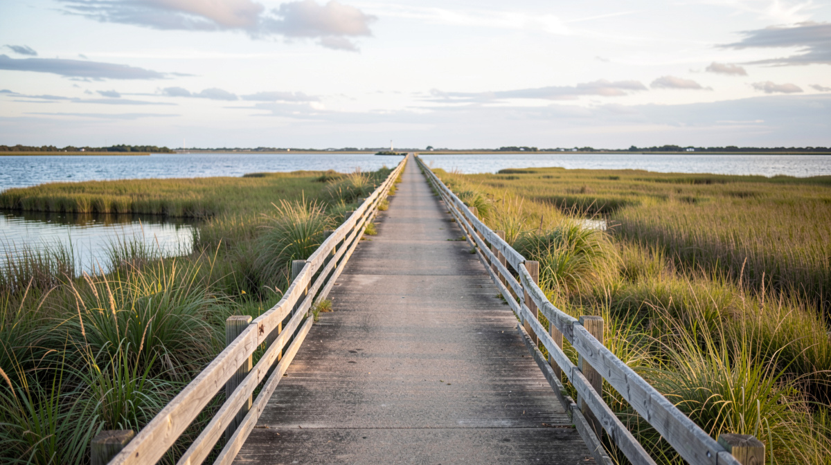 Vue depuis une chaussée traversant un marais côtier, le plan d'eau de Bogue Sound de part et d'autre de la route, lumière rasante de fin de journée, cadrage large au niveau du sol avec les herbes de marais au premier plan