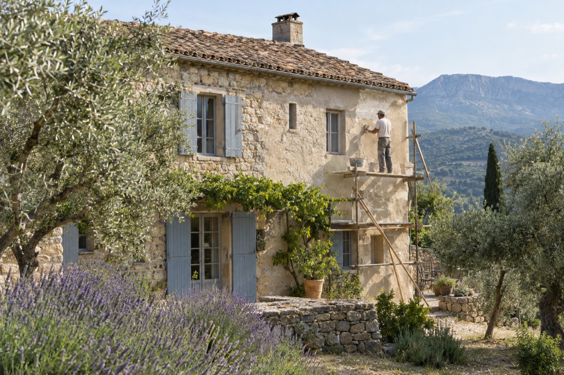 Un maçon enduit à la chaux le mur de pierre d'un mas du Luberon, sur un échafaudage, entre oliviers et lavande